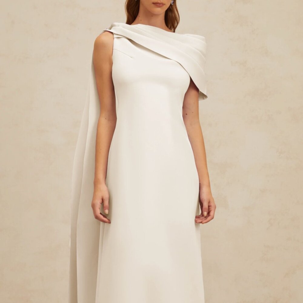 Miss Rosier Annabelle White Cape-Design Ribbon Maxi Dress